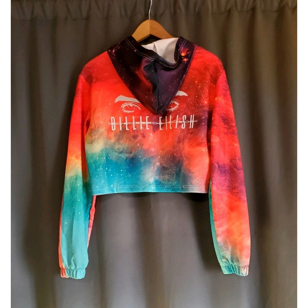 BILLIE EILISH Long Sleeve Galaxy Juinors Crop Hoodie Size Lg Beanie Hat Bundle - Picture 3 of 7